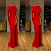 One-shoulder Long sleeves High-split Soft pleated Red Semi Formal Prom Dress